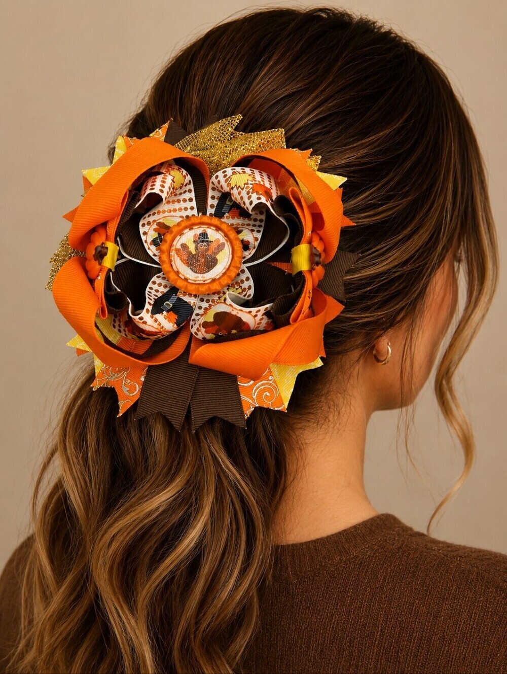 Large Turkey Thanksgiving Fall Round Ribbon Hair Bow
